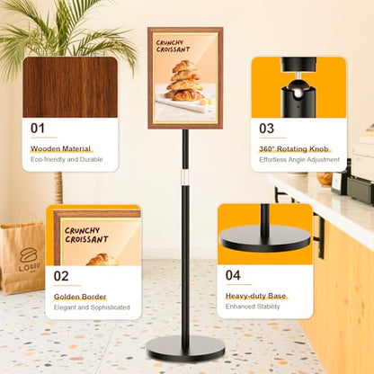 PPH-Sisy Pedestal Sign Holder 8.5x11 - Vintage Wooden Standing Sign Holder, Flyer Stand Menu Stand with Heavy-Duty Metal Base, Stable No Water/Sand Needed