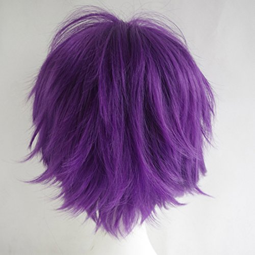 LABEAUTÉ Short Fresh Purple Anime Cosplay Wig Male Men Anime Layered Unisex Heat Resistant Hair Wig with Bangs for Party and Halloween for Gift + Free Cap - color: Fresh Purple