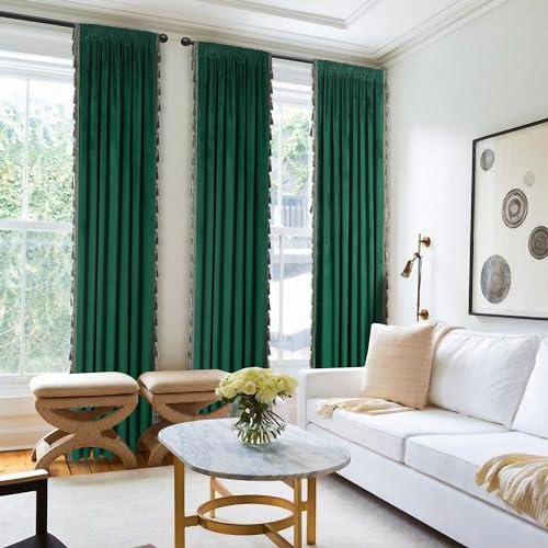 Fazhesici Green Velvet Blackout Curtains, Rod Pocket 2 Panels, 52”W x 63”H | Velvet Drapes with Tassels, Thermal Soundproof Blackout Curtains for Living Room - color: Dark Green, size: 52"W x 63"L (Pack of 2)