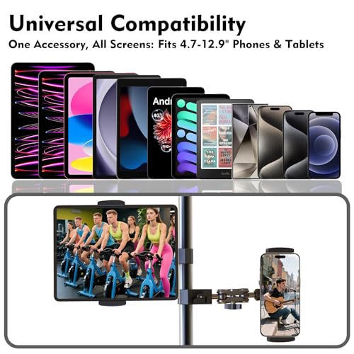 Tablet Holder for Treadmil Indoor Cycle Elliptical Spin Bike Peloton Music Stand 360° Adjustable Super Crab Handlebar Climp Mount Compitable with 4.7~12.9" iPad Switch iPhone e-Reader