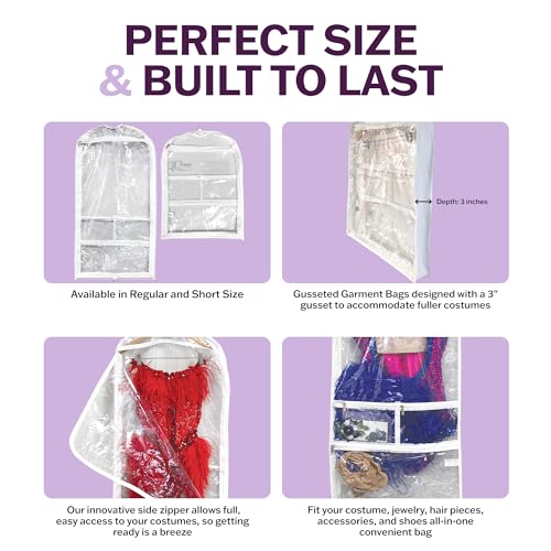 Clear Garment Bags for Dance Costumes 3-Pack, Gusseted, Short-Size, Side Zipper Entry, Storage Pockets for Accessories, 24”x18”x2”, Dream Duffel - size: Gusseted Short-Size 24"x18"x2"