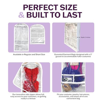 Clear Garment Bags for Dance Costumes 3-Pack, Gusseted, Short-Size, Side Zipper Entry, Storage Pockets for Accessories, 24”x18”x2”, Dream Duffel - size: Gusseted Short-Size 24"x18"x2"