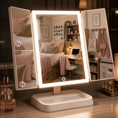 Lighted Trifold Makeup Mirror, 1X/2X/3X, Rechargeable, White