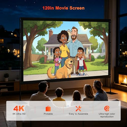 Projector Screen Outdoor with Stand, TWjouko 120 inch Portable Movie Screen with Carry Bag, Sandbag,16:9 Washable Cloth Screen for Backyard, Camping, Travel, Easy Setup, Big Projection Screen
