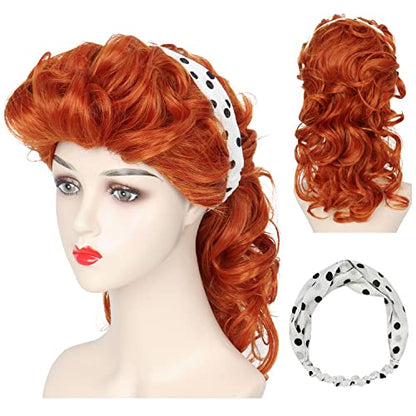 Miss U Hair Long Curly Ginger Red Wig Copper Red 50's Housewife Wig for Women Adult Halloween Costume - color: Orange