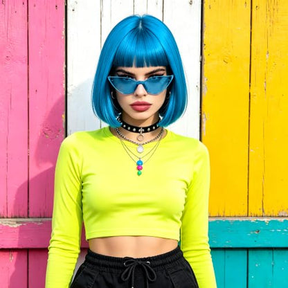 Short Bob Straight Hair Wigs with Bangs, Heat Resistant Fiber Hair, Cat Eye Glasses for Women (Sky Blue) - color: Sky Blue