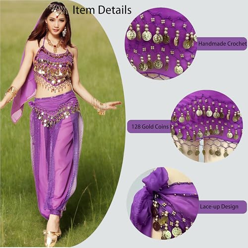 Wuchieal Set of 4 pcs Belly Dancer Outfit Sets, Chiffon Head Scarf,Belly Dance Hip Scarf, 10 Bobby Pins, 18 Metal Bracelets - color: Purple