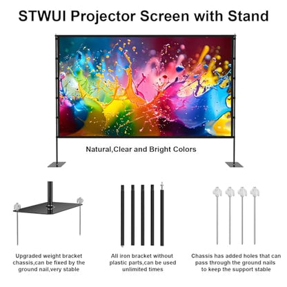 120 Inch Outdoor Projector Screen with Stand, 16:9 4K HD Portable Movie Screen, Lightweight Indoor Outdoor Projector Screen, Wrinkle-Free Screen with Carry Bag for Backyard, Camping, Home Theater