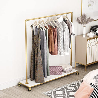 Gold Metal Clothing Rack with Wood Shelf, Heavy Duty Rolling Garment Rack with Wheels for Bedroom Retail Boutique Use (61L inches) - style: single-large