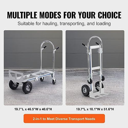 VEVOR Aluminum Truck, 2 in 1, 800 lbs Load Capacity, Heavy Duty Industrial Convertible Folding Hand Truck and Dolly, Utility Cart Converts from Hand Truck to Platform Cart with Rubber Wheels | 2 in 1 Aluminum Truck with Rubber Wheels, Utility Cart Convert