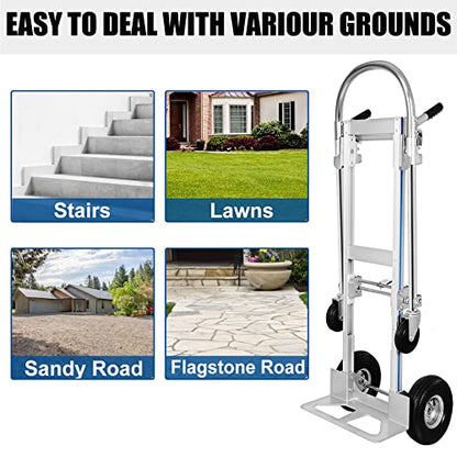 2 in 1 Aluminum Hand Truck, Industrial Convertible Hand Truck and Dolly 1000 LBS Capacity, Heavy Duty Hand Truck Flatform Cart with 10" Hi Tech Rubber Wheels
