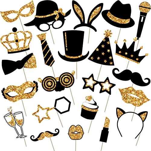 Zonon 24 Pcs Photo Booth Props Set Black Gold Birthday,Golden | Props on Sticks for Wedding, Reunion, Prom, Includes Mustache, Hats, Glasses, Ties, Lips, Crowns, Fun Party Accessories - color: Golden