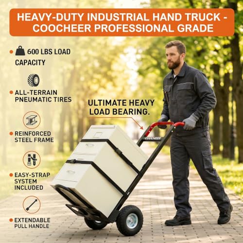 600 LBS Aluminum Hand Truck, Heavy Duty Dolly Cart with 10" Pneumatic Tires - color: Black