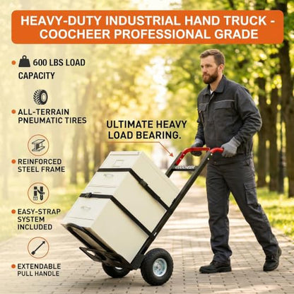 600 LBS Aluminum Hand Truck, Heavy Duty Dolly Cart with 10" Pneumatic Tires - color: Black