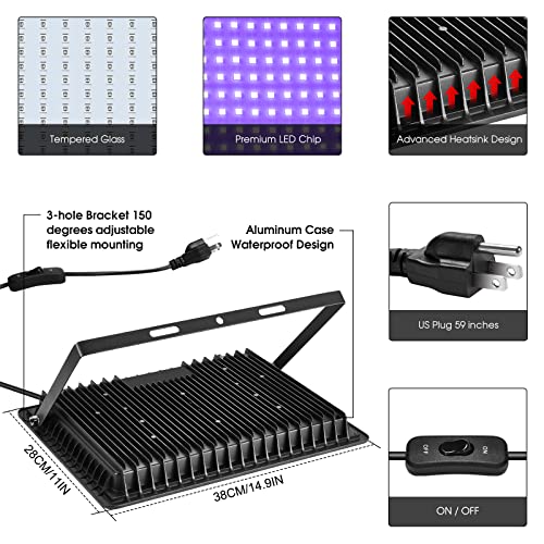YANYCN 200W 4 Pack LED Black Light, Outdoor Blacklight Flood Lights with Plug and Switch, IP66 Rated for Glow in The Dark, Halloween Party, Body Paint, Aquarium - size: 4pack 200W led black light