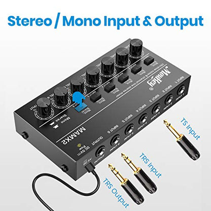 Moukey Audio Mixer, DC 5V, 6 Stereo Ultra, Low Noise 6 Channel Line Mixer for Sub-Mixing, for Small Clubs or Bars, As Guitars, Bass, Keyboards Mixer, MAMX2 - size: Medium (6-channel)