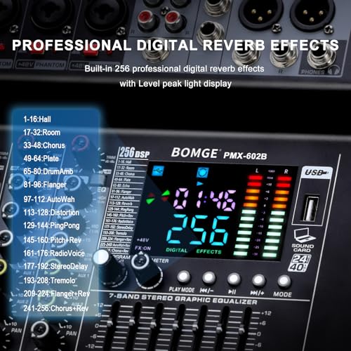 BOMGE Powr Mixers Audio, 6Channel Power Sound Mixer Amplifier 2 * 400W Dj Mixer Board withUSB, 6 X Mic Pres, +48V, Bluetooth, 256 Kinds of DSP for Speakers,concert party, karaoke studio