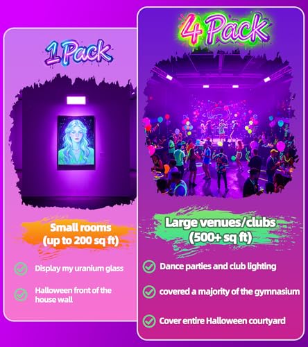 TigQiang 100W 4 Pack Black Light, Glow Party Supplies, Blacklight Halloween | IP66 Waterproof, Blacklights Flood Light for Neon Parties, Body Paint, Birthday, Fluorescent Poster, 6Ft Cord & Plug & Switch - size: 100W-4Pack