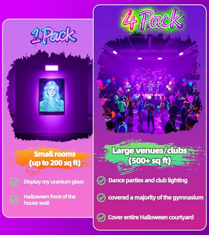 TigQiang 100W 4 Pack Black Light, Glow Party Supplies, Blacklight Halloween | IP66 Waterproof, Blacklights Flood Light for Neon Parties, Body Paint, Birthday, Fluorescent Poster, 6Ft Cord & Plug & Switch - size: 100W-4Pack