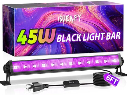 45W Black Light Bar with 6ft Cord+Switch, for Neon Glow Party Halloween | LED Blacklight Fixtures 385-400nm, Light Up 25x25ft Area for Body Paint Fluorescent Tapestry Poster Classroom Bedroom, 1Pack - size: 45W-1Pack
