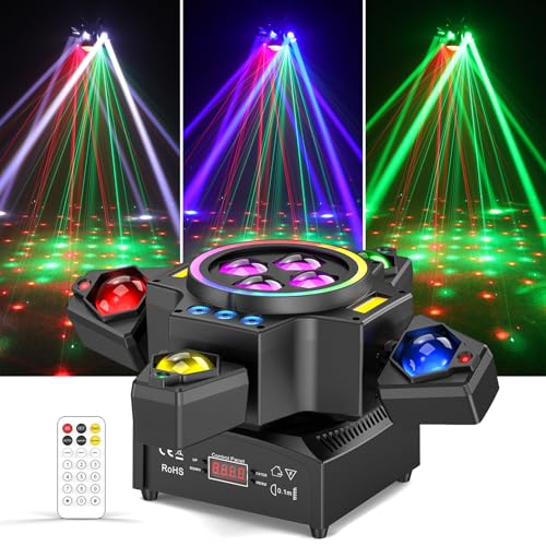 Moving Head DJ Lights,120W Party Light 4 Arm RGBW 4-in-1 Bee-Eyes Beam/Wash/Red Green Starry Sky Golden Strobe Halo Ring Effect Light,Sound-Active/DMX/Remote Control for Party Club Stage Show - color: 1 Pack