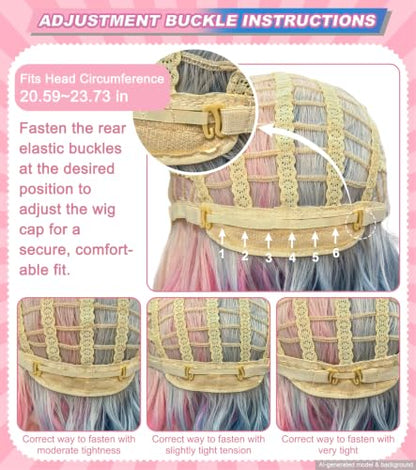 Pink Blue Ombre Blonde Bob Wig, Short Wavy Cosplay Wig for Women | Shoulder-length synthetic wig with pink blue highlights for Halloween cosplay, costume parties, anime events, and dress-up - color: Pink Blue