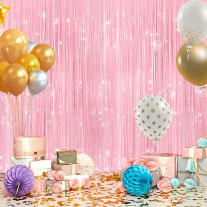 GCB 2Pack Pastel Pink Foil Fringe Tinsel Curtains, Pink Backdrop Streamers | Door Streamers, Party Backdrop for Birthday, Wedding, Baby Shower, Bridal Shower, Bachelorette, Holiday Photo Booth Props - color: 2pack Macaron Pink Streamers