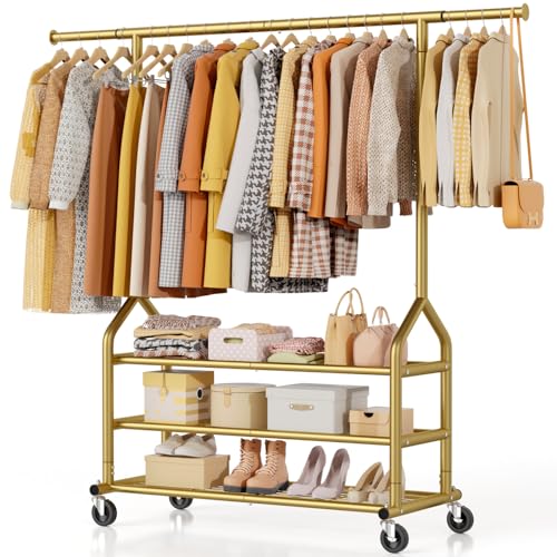 EAGMAK Heavy Duty Clothes Rack Load 688 LBS, Rolling Clothing Rack With 3 Shelves, Adjustable Metal Clothes Hanger with Wheels Portable Wardrobe Organizer Garment Rod for Hanging Clothes (Gold) - color: Gold, style: 3 Shelves