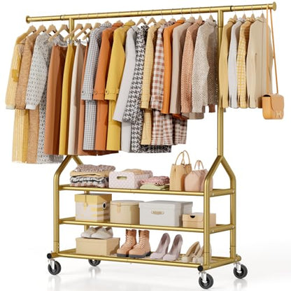 EAGMAK Heavy Duty Clothes Rack Load 688 LBS, Rolling Clothing Rack With 3 Shelves, Adjustable Metal Clothes Hanger with Wheels Portable Wardrobe Organizer Garment Rod for Hanging Clothes (Gold) - color: Gold, style: 3 Shelves