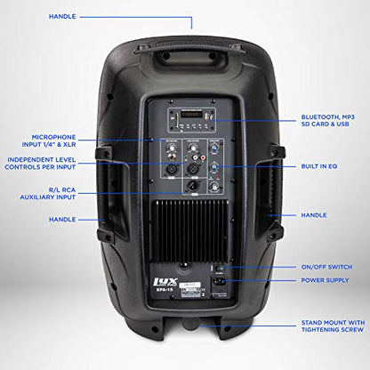 LyxPro SPA12 12" Portable PA Speaker System With Metal Tripod Stand Combo Kit Power Active Powerful Amplifier Equalizer Bluetooth SD Slot USB MP3 XLR 1/4" 1/8" 3.5mm Inputs Remote Control - size: 12 Inch + Stand