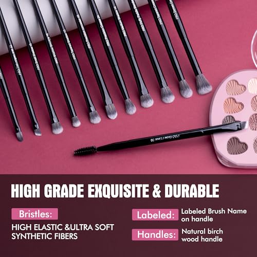 Bueart Design 12Pcs Professional Eyeshadow Makeup Brush Set | Eye Makeup Brush set with Ultra-soft Synthetic Bristle for Eyeshadow Concealer Smudger Blending,Shading,Wood Handle,Black