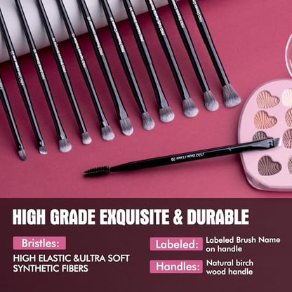 Bueart Design 12Pcs Professional Eyeshadow Makeup Brush Set | Eye Makeup Brush set with Ultra-soft Synthetic Bristle for Eyeshadow Concealer Smudger Blending,Shading,Wood Handle,Black