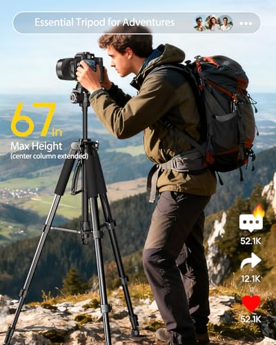 UBeesize 67” Camera Tripod with Travel Bag, Cell Phone Tripod with Bluetooth Remote and Phone Holder, Compatible with All Cameras, Cell Phones, Projector, Webcam, Spotting Scopes - size: 67Inches