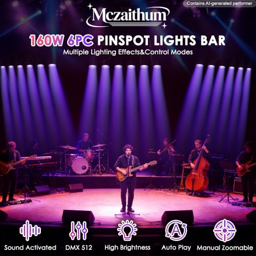 LED Pinspot Lights,160W 6PC RGBW 4IN1 LED Stage Pinspot Light Bar 15°~60° Manual Zoom Disco Ball Pin Spot Lights DMX Sound Activated Spotlight for Party Wedding Church Stage DJ Club Bar
