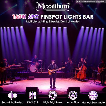 LED Pinspot Lights,160W 6PC RGBW 4IN1 LED Stage Pinspot Light Bar 15°~60° Manual Zoom Disco Ball Pin Spot Lights DMX Sound Activated Spotlight for Party Wedding Church Stage DJ Club Bar