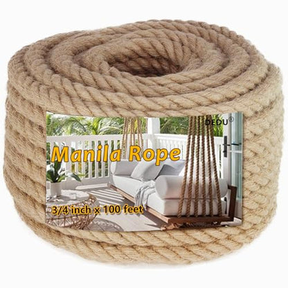 Manila Rope 3/4 Inch X 100 Ft, Natural Hemp Rope 4 Strand Twisted, Thick for Crafts Heavy Duty Multipurpose for Swing Bed, Camping, Tug of War, Docks, DIY Projects. - size: 100 feet, style: 0.75 inch