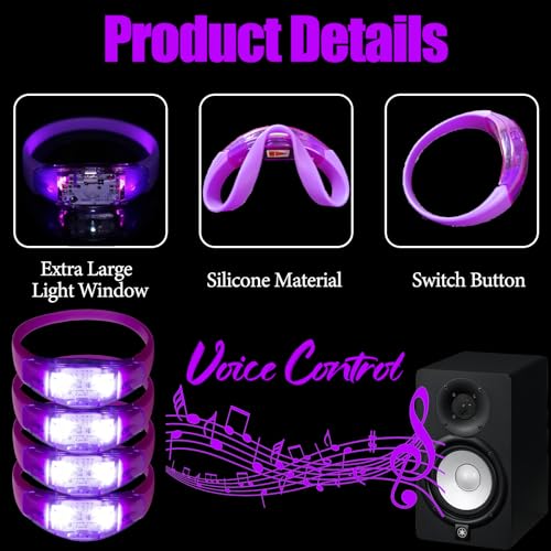 100 Pcs LED Bracelets Sound Activated with Flashing LED Strobe Music Control Light Up Bracelets for Rave, Game Prizes, Birthday Party Favor,Valentine's Day gift - color: Purple