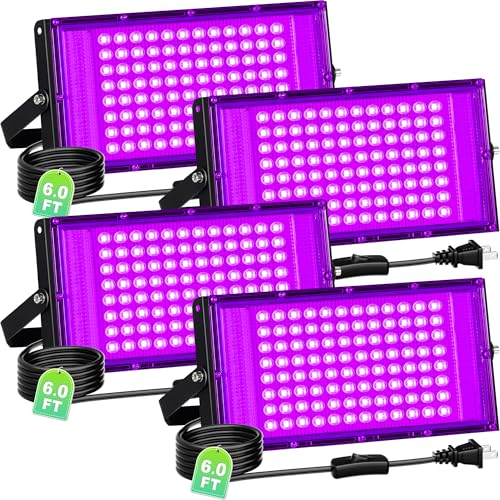 TigQiang 100W 4 Pack Black Light, Glow Party Supplies, Blacklight Halloween | IP66 Waterproof, Blacklights Flood Light for Neon Parties, Body Paint, Birthday, Fluorescent Poster, 6Ft Cord & Plug & Switch - size: 100W-4Pack