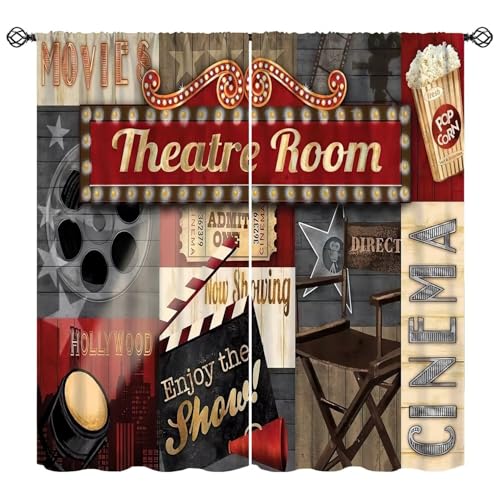 Vintage Home Theater Curtain Red Cinema Movie Theater Home Decor Blackout Window Treatment for Home Theater Living Room Bedroom Cafe Decor Window Drapes 42" W X 45" L - color: Style, size: 20.5"W x 44.5"L (Pack of 2)