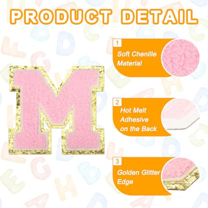 MECCANIXITY Chenille Letter Patches 3.1" Alphabet M Iron on Embroidered Patch Sew on Letter Stickers Applique for Repairing Clothing Jeans Shoes Hats DIY(Pink, Pack of 6) - style: Letter-M