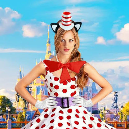 GJD Book Character Costume Accessories Set, Cat Ears Headband with Red and White Stovepipe Hat, Red Bow Tie, White Gloves for Dress Up, Halloween, Cosplay