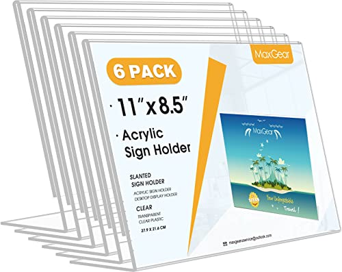 MaxGear Acrylic Sign Holder 8.5x11 Inches Horizontal 6 Pack, Slant Back - color: Clear, size: 11"x8.5"-6 Pack
