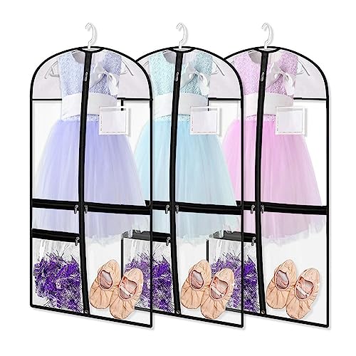 3 Pack Clear PVC Dance Costume Bags, 39 Inch Garment Bag for Dance Competitions, Kids Hanging Clothes Cover for Closet Storage with Accessories Pockets - size: 3 Pack