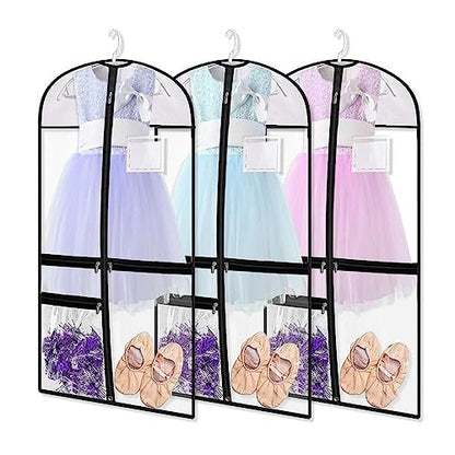 3 Pack Clear PVC Dance Costume Bags, 39 Inch Garment Bag for Dance Competitions, Kids Hanging Clothes Cover for Closet Storage with Accessories Pockets - size: 3 Pack