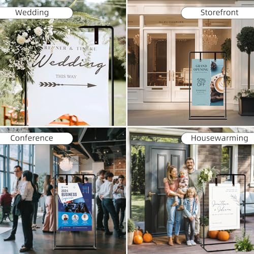 Wedding Sign Holder, Adjustable Welcome to Our Wedding Sign Stand W/Design Bundle & Leather Sign Hanging Straps, Heavy Duty Easel Stand for Sign, Wedding Seating Chart Stand, Easel for Display (Gold) - color: Gold