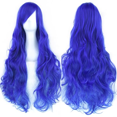 IMISSU 80cm Long Curly Natural Hair Cosplay Wig with Bangs Colorful Halloween Costume Party Wigs for Women (Blue) - color: Blue