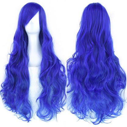 IMISSU 80cm Long Curly Natural Hair Cosplay Wig with Bangs Colorful Halloween Costume Party Wigs for Women (Blue) - color: Blue