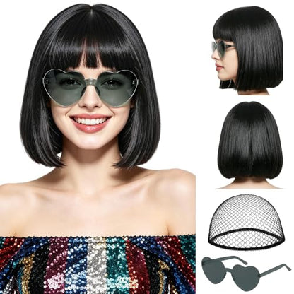 Short Bob Straight Hair Wigs with Bangs, Synthetic Fiber Colorful Hair, Heart-shaped Sunglasses for Women (Black) - color: Black
