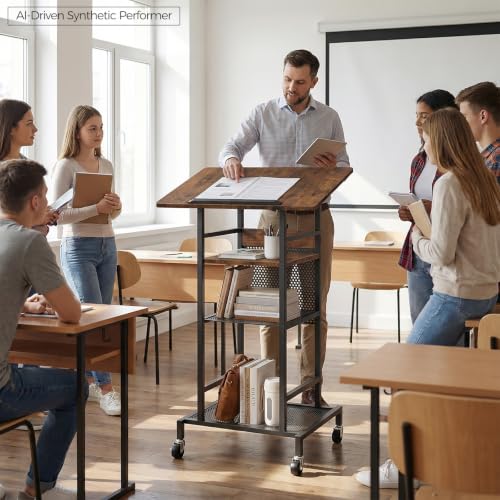 MAHANCRIS Podium Stand with Locking Wheels, 4-Tier Mobile Lectern with Storage Shelves and Non-Slip Lip, for Classroom, Church, Conference Standing Desk, Rustic Brown and Black LPHR6001 - color: Rustic Brown and Black
