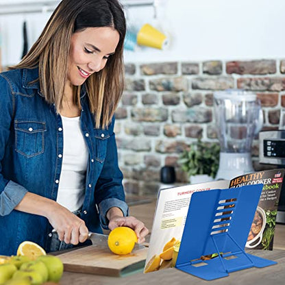 Honagu Metal Desk Book Holder, Hands Free Adjustable Cookbook & Document Holder, Portable Bookstand for Music Books, Textbooks, Recipes, Tablets & iPads (Deep Blue) - color: Deep Blue